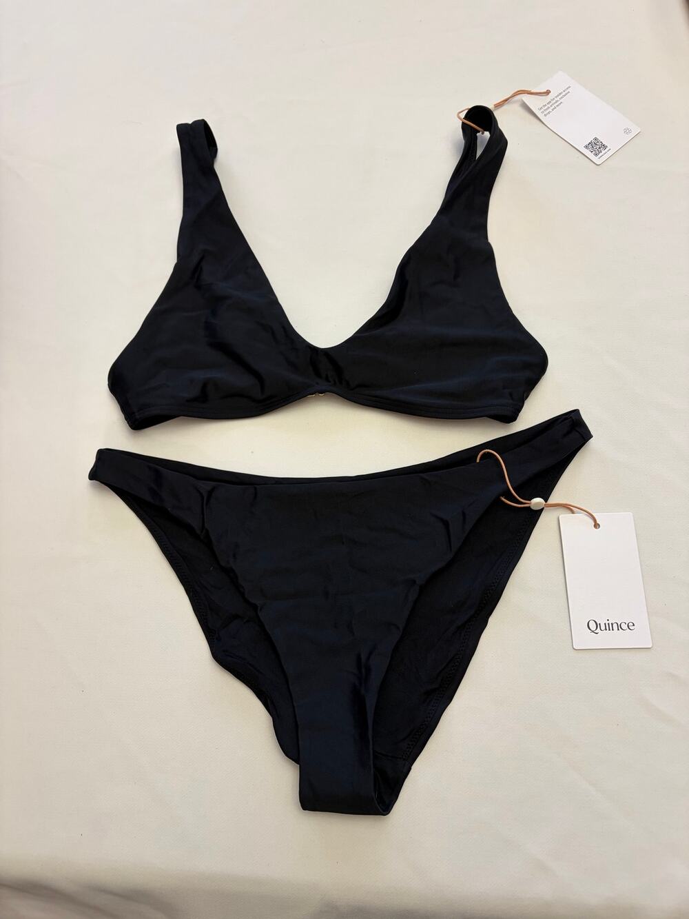 Quince Black Two Piece Set Plunge Top & Low Rise Bikini Bottoms Small NEW